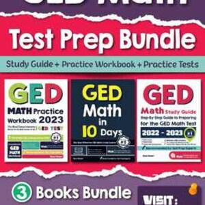 May include: A bundle of three GED Math test preparation books: GED Math Practice Workbook 2023, GED Math in 10 Days, and GED Math Study Guide 2022-2023. The books have red covers with white text and a GED logo.