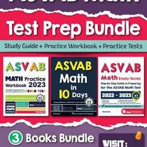Può includere: Un set di tre libri di preparazione al test ASVAB Math: ASVAB Math Practice Workbook 2023, ASVAB Math in 10 Days e ASVAB Math Study Guide. I libri sono disposti in fila con i titoli rivolti verso lo spettatore. Lo sfondo è un gradiente viola.