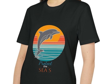 protect the seas, Unisex-T-Shirt, Eco-Friendly Casual Top, Delphin Grafik Tee, Strand Liebhaber Geschenk, Ozean Erhaltung Kleidung Bio, grau