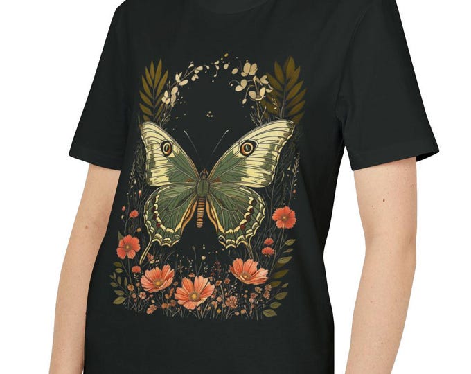 Butterfly Boho Edgy Unisex T-shirt, Nature Tee, Gender Neutral Shirt, Hippie Chic Top, Gift for Him or Her, Gothic dark art Tee, schwarz