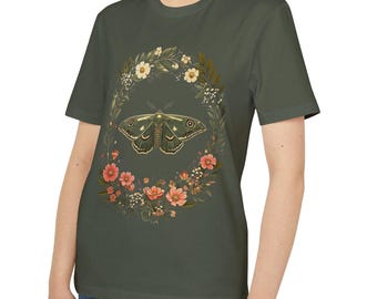 Botanical Mystic Butterfly Khaki Green T-shirt, Unisex Creator 2 0 Tee, Eco Friendly Fair Trade Top, Nature Lover Gift, Organic Cotton Shirt