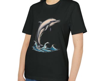 Organic Dolphin T-shirt, Black Unisex Creator Tee, Fairtrade Bio Shirt, Ocean Wave Drawing, Sustainable Cotton Top, Eco-Friendly, Delfin