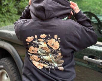 Schwarzer Eichelherr Vogel Pulli, Floral Bird Hoodie, gemütlicher Unisex Pullover mit Kaputze, für Wanderer & Vogelbeobachter, Outdoor