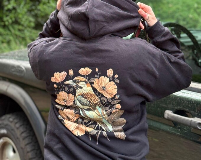 Schwarzer Eichelherr Vogel Pulli, Floral Bird Hoodie, gemütlicher Unisex Pullover mit Kaputze, für Wanderer & Vogelbeobachter, Outdoor