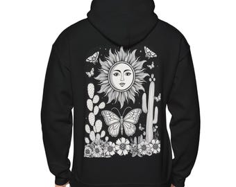 Sun & Nature Unisex Hoodie, Bohemian Style Hoodie, Gift for Nature Lovers, Cozy Spring Layers, Cute Cactus Hoodie, Unique Butterfly, black