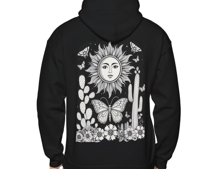 Sun & Nature Unisex Hoodie, Bohemian Style Hoodie, Gift for Nature Lovers, Cozy Spring Layers, Cute Cactus Hoodie, Unique Butterfly, black
