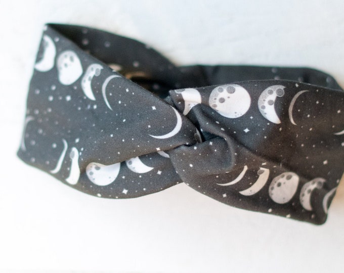 Vollmond und halbmond Stirnband  aus Bio-Baumwolle Jersey, Mondphasen, Ohren wärmer Haarband Boho Ethno Style schwarz weiß  Edgy, Gothic