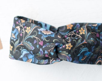 Breites Haarband mit Blumen Muster Stirnband Schwarz mit blau rosa gelben Blumen ,  dunkle Töne aus Bio - Baumwolle, Gothic, dunkelbunt blau