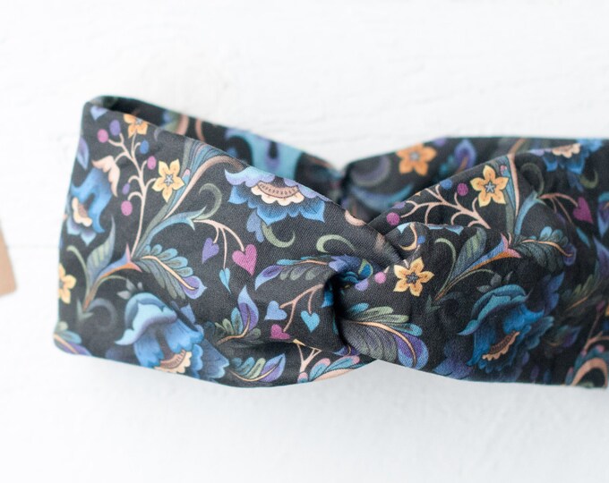 Breites Haarband mit Blumen Muster Stirnband Schwarz mit blau rosa gelben Blumen ,  dunkle Töne aus Bio - Baumwolle, Gothic, dunkelbunt blau