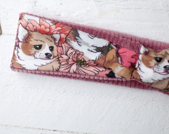 Corgies im Blütenmeer/ Haarband zum wenden mit Hunde und Blumen Motiv/ Bio-Baumwolle Jersey rosa Kord Samt Ohren wärmer Haarband /Hund