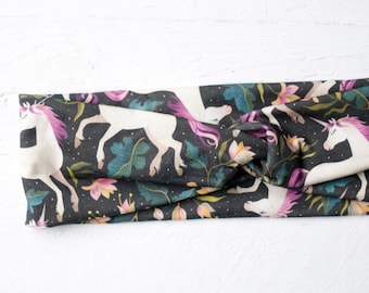 Einhorn Stirnband schwarz rosa, Turban Haarband aus Jersey, Haarband mit Einhörnern auf Maß, Kinder und Erwachsene, Maßanfertigung, warm