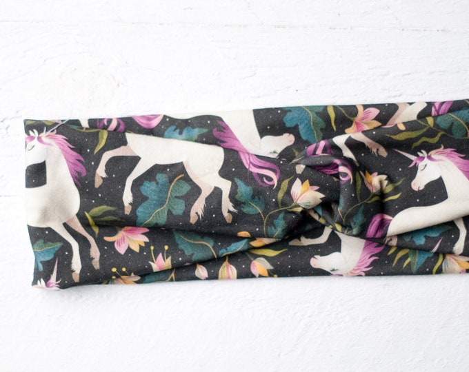 Einhorn Stirnband schwarz rosa, Turban Haarband aus Jersey, Haarband mit Einhörnern auf Maß, Kinder und Erwachsene, Maßanfertigung, warm