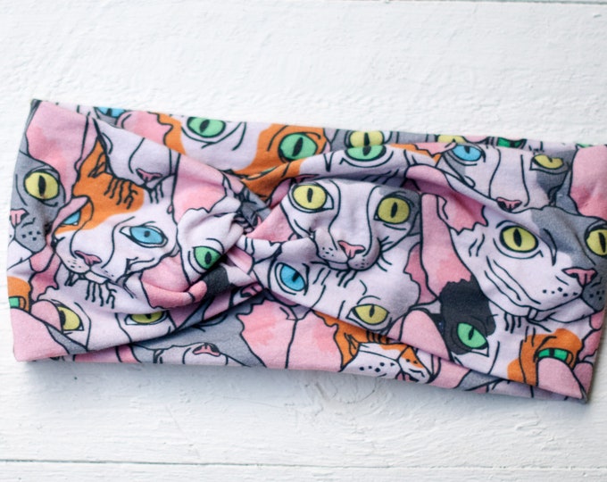 Breites Stirnband mit Sphinx Katzen  Muster aus Baumwoll Jersey Nackt Katze