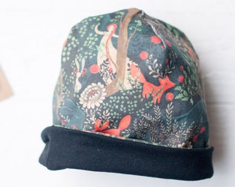 Beanie Mütze zum wenden in zwei Looks / Für Erwachsene Kinder oder Babys / Fuchs & Fee im Märchenwald / Bio Baumwolle und Cord / Samt / grün