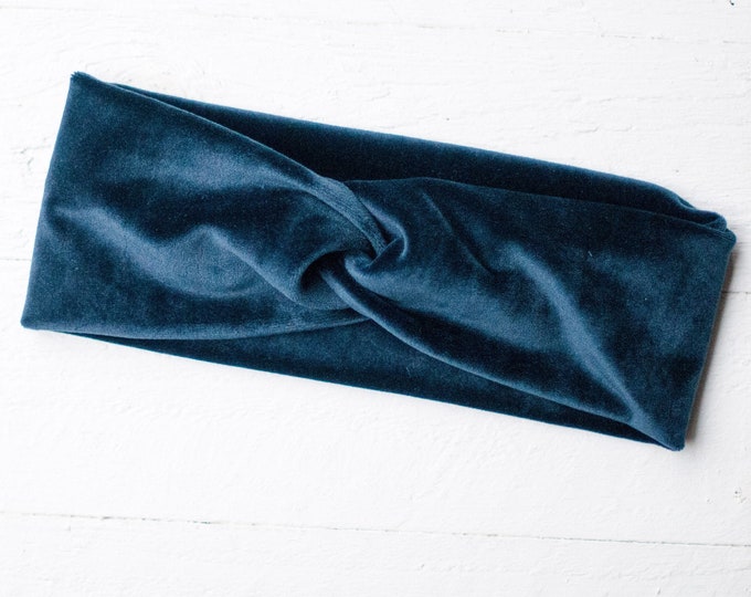 Warmes Stirnband für den Herbst, Winter aus Samt Velvet in schönem mattem dunkelblau, Ohren wärmer Haarband, kuschel Haarband Handgefertigt