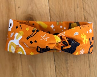 Stirnband mit Spooky Motiven in orange Halloween Bio  Baumwoll Jersey Schwarze Katze Schlange Zaubertrank Cats Unisex Gothic Haarband Hexe