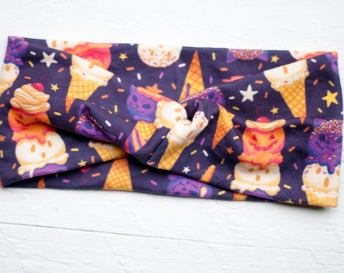Stirnband für den Herbst / Winter aus Bio-Baumwolle Jersey / Happy Halloween Katzen Kürbis und Eiscreme  / Ohren wärmer Haarband