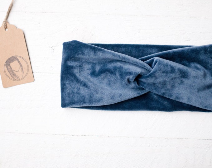 Warmes Stirnband für den Herbst, Winter aus Samt Velvet, in schönem graublau, Ohren wärmer Haarband, weich und warm, kuschliges Haarband