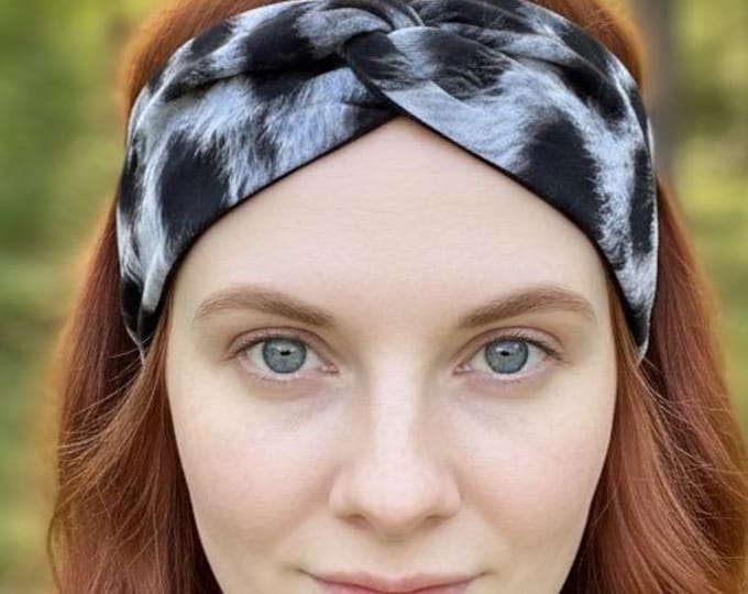 Warmes Stirnband für den Herbst Winter mit schwarzem Fellece gefüttert, grauer Leopard, Leo, Animal Muster, Ohren wärmer Haarband, Gothic