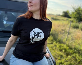 Orca Whale Moon Jump Fair Trade Organic Cotton T-shirt, Unisex, Black Tee, Ocean Waves, Eco-friendly, Sustainable Fashion, Wildlife, Wal