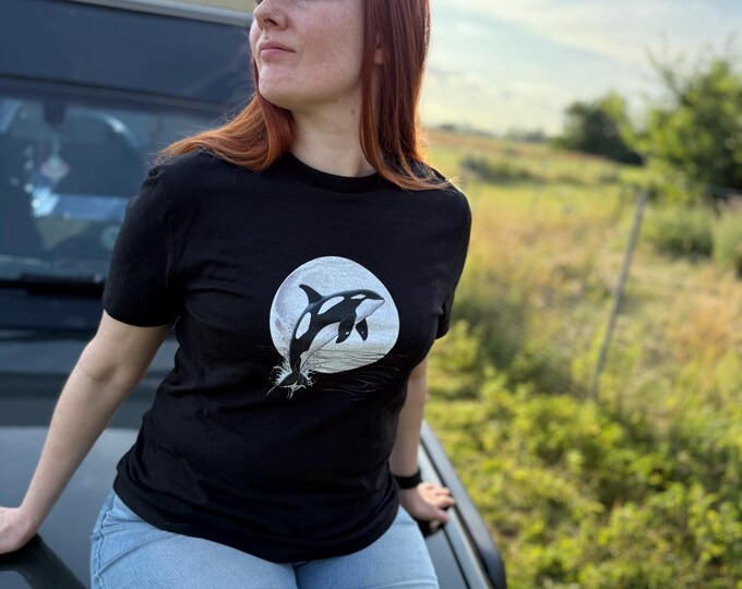 Orca Whale Moon Jump Fair Trade Organic Cotton T-shirt, Unisex, Black Tee, Ocean Waves, Eco-friendly, Sustainable Fashion, Wildlife, Wal