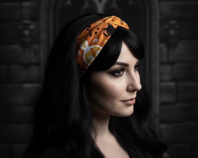 Stirnband mit Spooky Motiven in orange Halloween Bio  Baumwoll Jersey Schwarze Katze Schlange Zaubertrank Cats Unisex Gothic Haarband Hexe