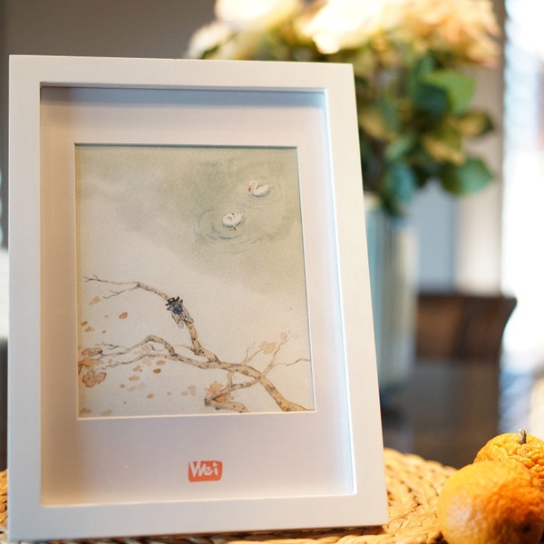CICADA and SWANS, 8.5"*12" (A4) Framed Watercolor Painting Giclee, Limited Edition Soothing Fine Art Print for Room Decoration