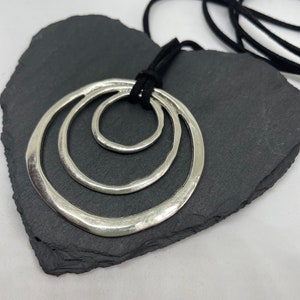 Large Statement abstract Round pendant on long Suede necklace Lagenlook Boho . Gift