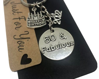 50 And Fabulous Birthday 2024 Keyring Keepsake Gift Idea  • On Rustic Gift Card