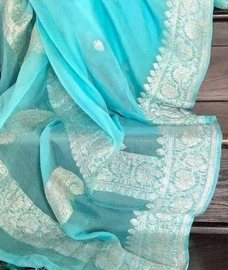 Sky Blue Banarasi Handloom Georgette Silk Sarees WEAVING Bridal Gift Occasional Festive Wear Wedding Sari with UnStitched Running Blouse