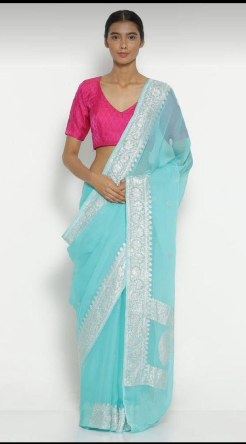 Sky Blue Banarasi Handloom Georgette Silk Sarees WEAVING Bridal Gift Occasional Festive Wear Wedding Sari with UnStitched Running Blouse