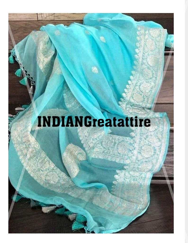 Sky Blue Banarasi Handloom Georgette Silk Sarees WEAVING Bridal Gift Occasional Festive Wear Wedding Sari with UnStitched Running Blouse