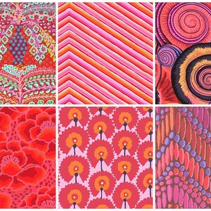 May include: A collage of six different fabric patterns featuring various geometric and floral designs in shades of red, pink, and orange.