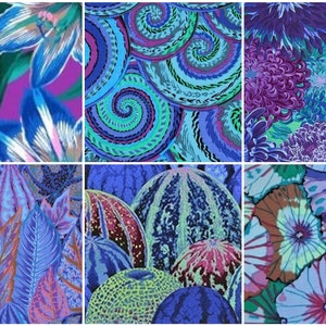 May include: A collage of six different fabric patterns featuring floral and geometric designs in shades of blue, purple, pink, and green.