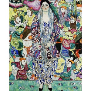 May include: A colourful painting of a woman in a white dress with a fur collar, surrounded by figures in vibrant costumes. The background is a mix of green, blue, and yellow.