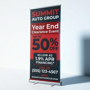 Peut inclure: Bannière verticale pour Summit Auto Group, avec un design rouge et noir. Elle annonce un événement de liquidation de fin d'année avec jusqu'à 50% de réduction et un financement à 1,9% TAEG. Coordonnées et site web inclus.