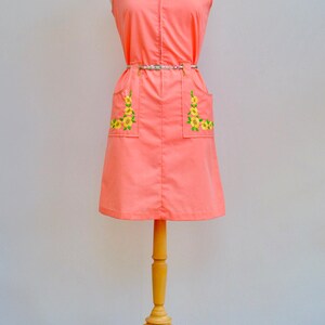 1960s Pink Danville Dress: Embroidered Floral Pockets, Small, USA Made