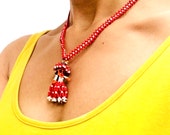 1960s-1970s kachina doll beaded necklace in red and white. Native American.