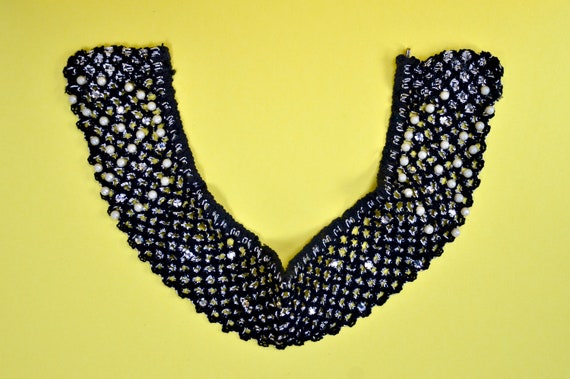 1960s black and silver crocheted collar with rhin… - image 5