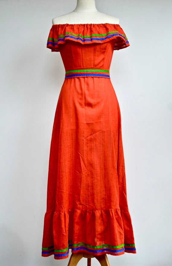 1970s Red off-the-shoulder maxi dress with green a