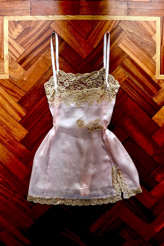 1930s pale pink, silk satin teddy with taupe lace.