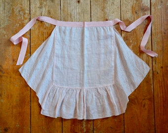 1930s Pale pink, nearly sheer, polished linen hostess apron with deco shaping and slight ruffles. Valentine's. Cocktail. Housewarming, MCM.