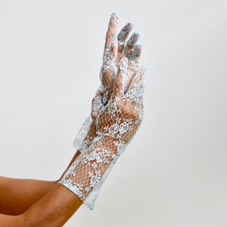 1950s/1960s powder blue, sheer lace, mid-arm nylon gloves w/rose trellis pattern. Size Medium-Large. Mid-Century. Gossamer. Floral. Flowers. image 1