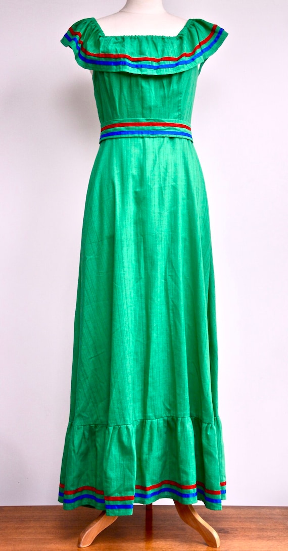 1970s Jade green off-the-shoulder maxi dress with