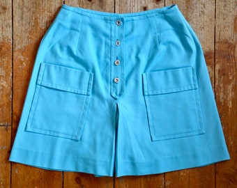 1960s Pale turquoise blue, cotton mini skirt style culottes with large pockets. Size: XSmall/Small. Mid Century. MCM. Minimalist. Mod.