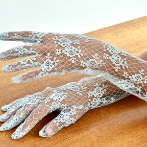 1950s/1960s powder blue, sheer lace, mid-arm nylon gloves w/rose trellis pattern. Size Medium-Large. Mid-Century. Gossamer. Floral. Flowers. image 2