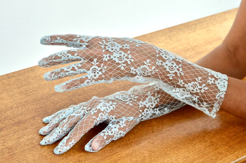 1950s/1960s powder blue, sheer lace, mid-arm nylon gloves w/rose trellis pattern. Size Medium-Large. Mid-Century. Gossamer. Floral. Flowers. image 2