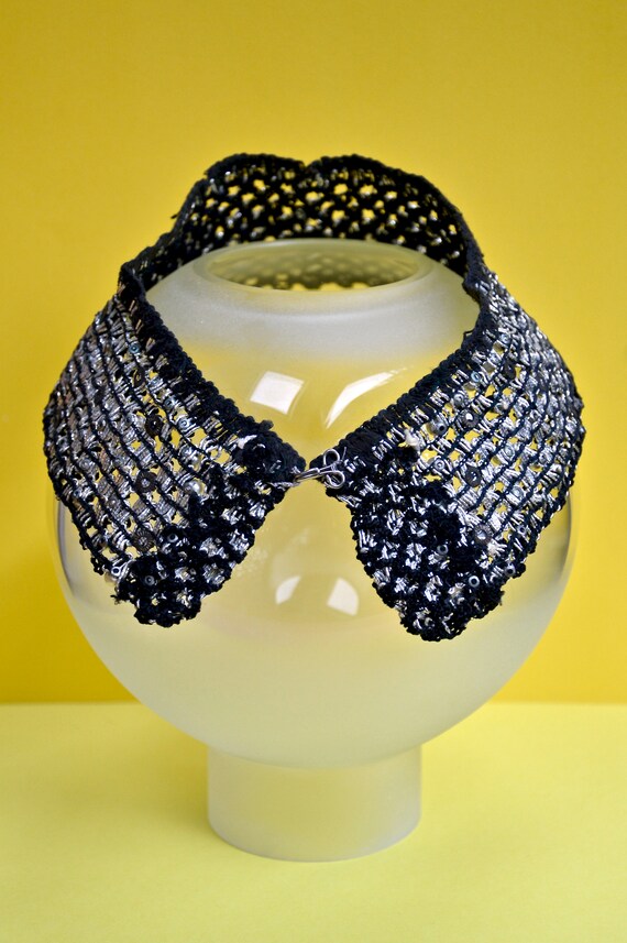 1960s black and silver crocheted collar with rhin… - image 8