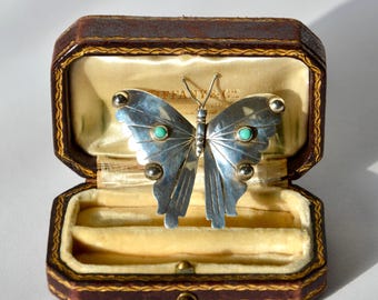 Broche vintage de mariposa de plata de ley con cabujones de turquesa, Taxco, México