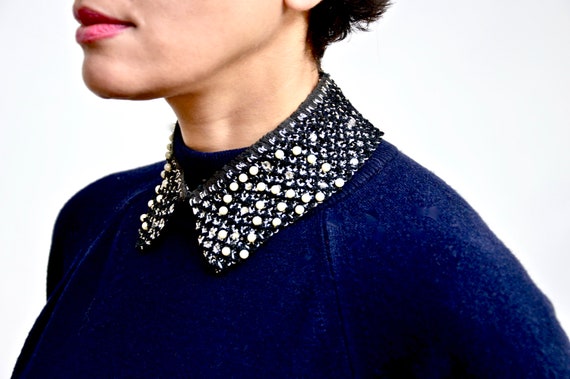 1960s black and silver crocheted collar with rhin… - image 2
